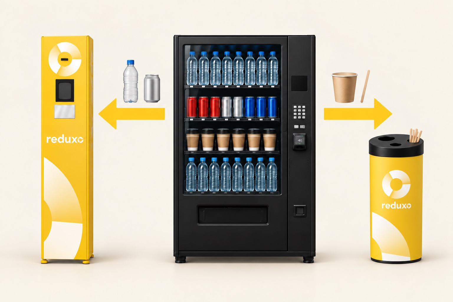 Botellas y latas: A la compactadora Reduxo, según los materiales admitidos por el modelo. Vasos y paletinas: Al punto de recogida específico.